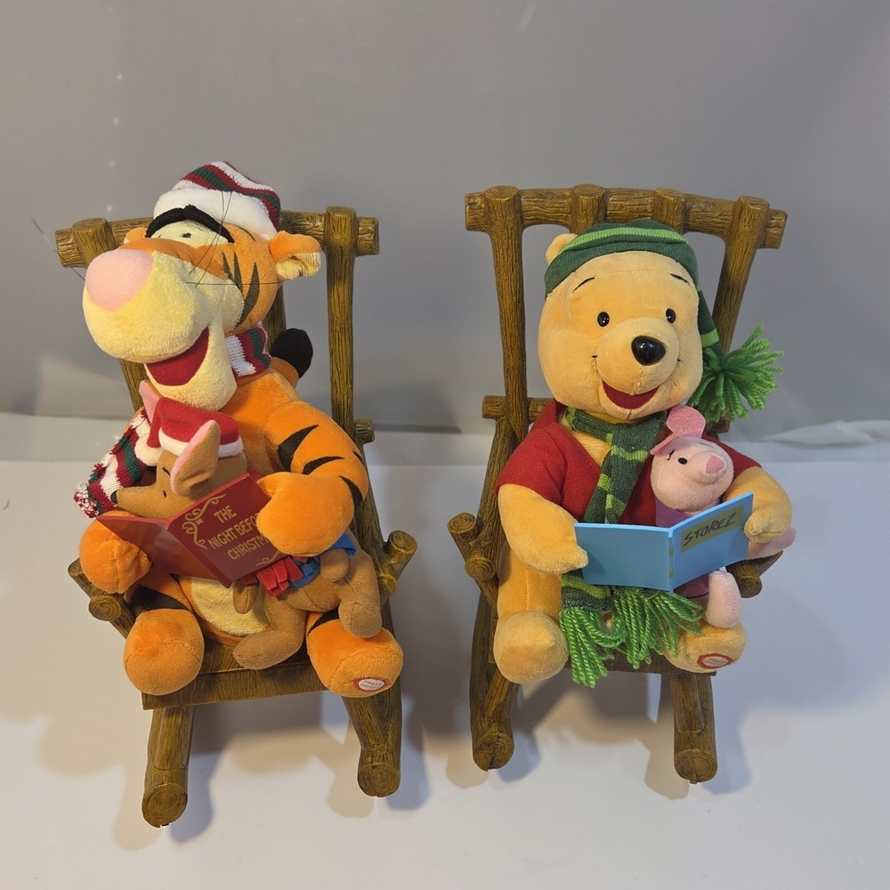 Disney Gemmy Winnie the Pooh Tigger Animated Christmas Rocking Chair Plush Set 2